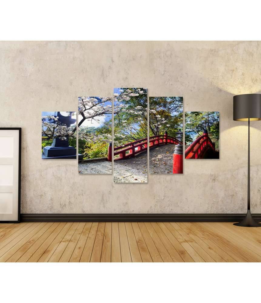 Islandburner Bild auf Leinwand Sakura-Blüten am japanischen Tempel mit roter Brücke Super Sparpreis