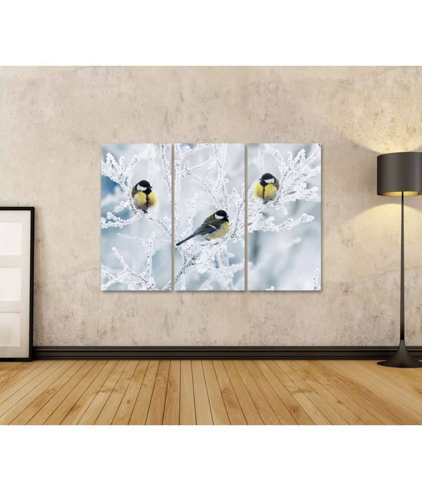 Islandburner Bild auf Leinwand Frostbedeckte Zweige mit Vögeln im winterlichen Garten als Wandbild Letzte 3 Tage