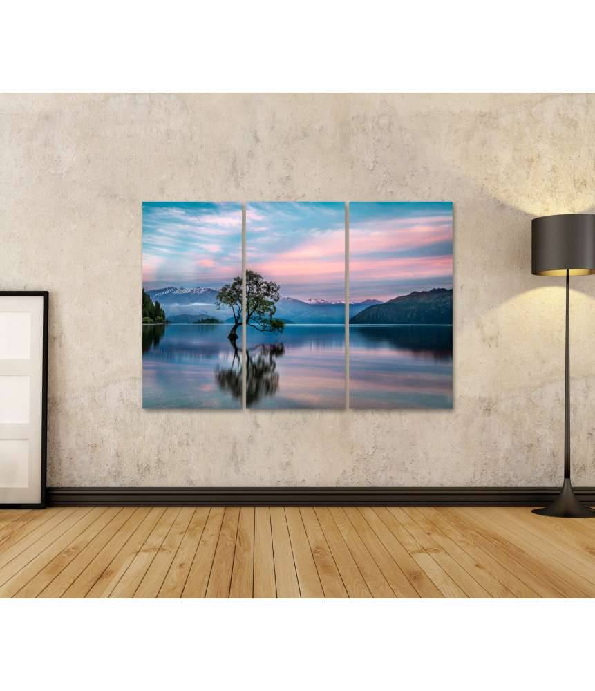 Islandburner Bild auf Leinwand Sonnenaufgang am Wanaka-See mit nebligem Bergpanorama in Neuseeland JETZT KAUFEN