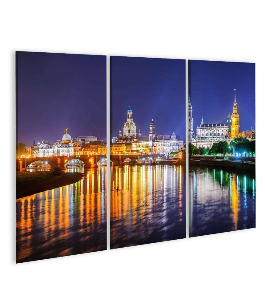 Islandburner Bild auf Leinwand Panoramablick auf die Altstadt von Dresden an der Elbe bei Nacht, Deutschland Vierteljährliche Förderung