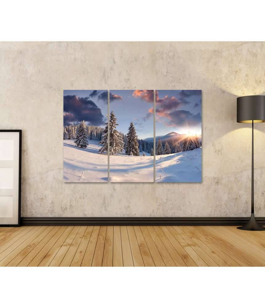 Islandburner Bild auf Leinwand Malerischer Winter-Sonnenaufgang mit schneebedeckten Bäumen Super Rabatt