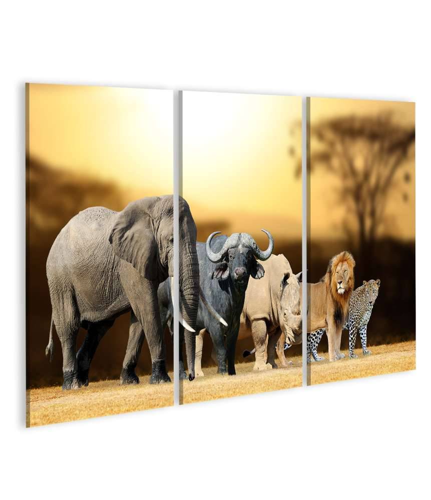 Islandburner Bild auf Leinwand Big Five Afrika-Wandbild für Kinder/Jugendzimmer: Löwe, Elefant, Leopard, Büffel, Nashorn Riesige Rabatte