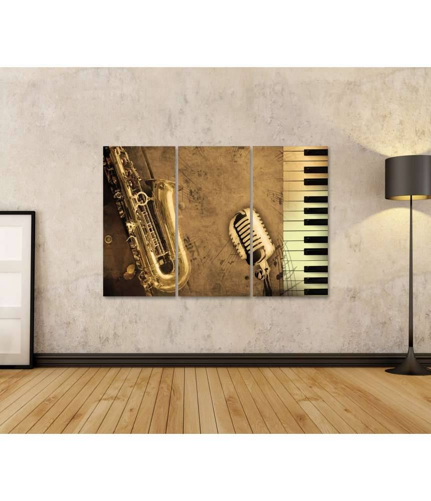 Islandburner Bild auf Leinwand Sepia-Ton Wandbild mit Klavier, Saxophon und Musiknoten Fabrikladen