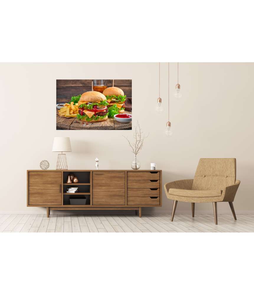 Islandburner XXL Premium Poster Wandbild von zwei saftigen Burgern mit Pommes und Cola in einem Döner-Laden Verkauf