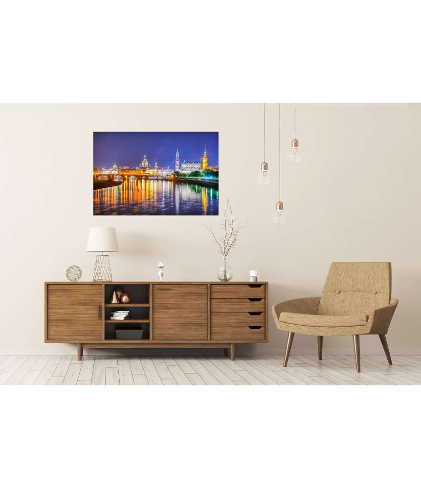 Islandburner XXL Premium Poster Panoramablick auf die Altstadt von Dresden an der Elbe bei Nacht, Deutschland im Angebot