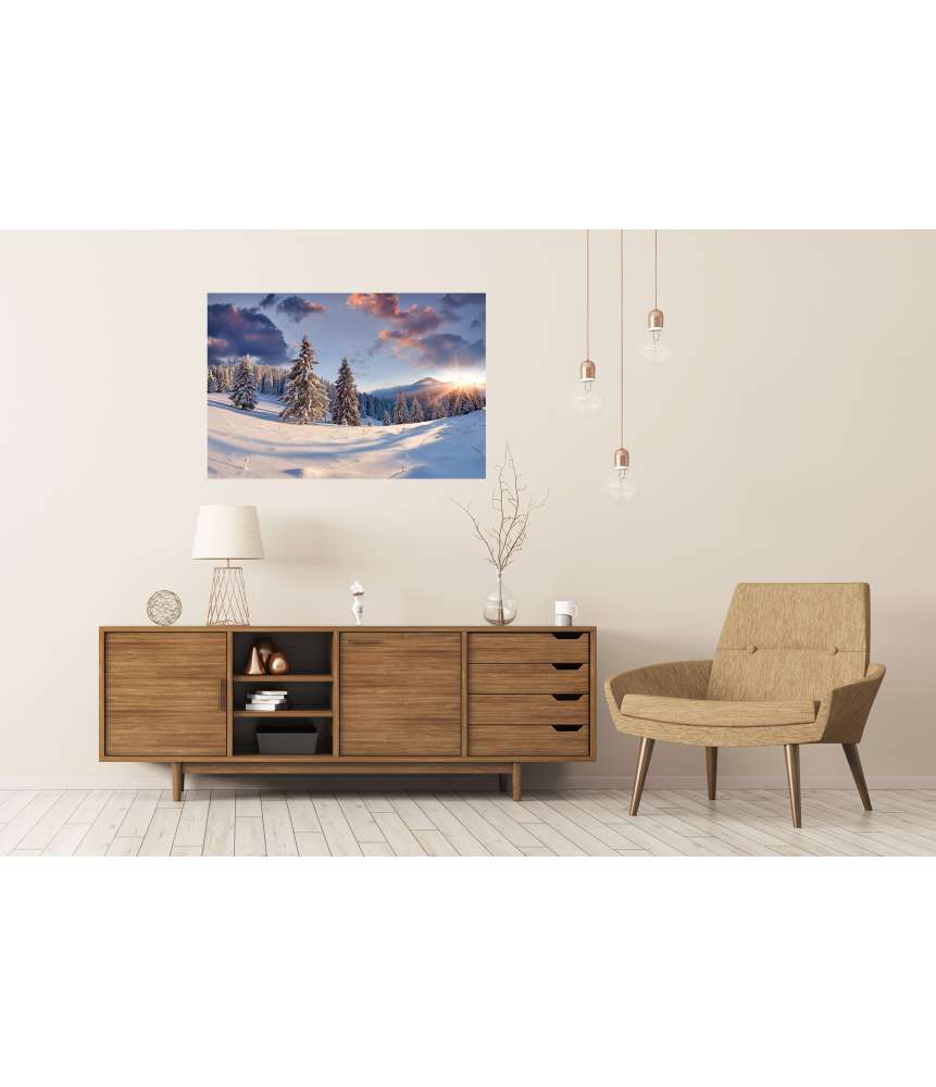 Islandburner XXL Premium Poster Malerischer Winter-Sonnenaufgang mit schneebedeckten Bäumen Meist gekauft