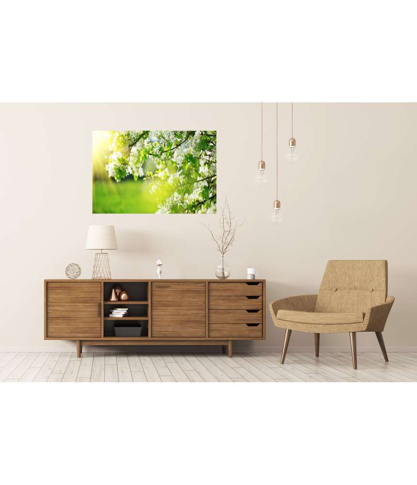 Islandburner XXL Premium Poster Frühlingshaftes Wandbild mit blühendem Baum und Sonnenaufgang
