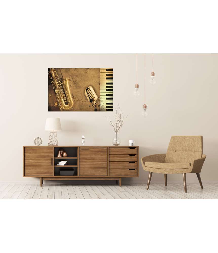 Islandburner XXL Premium Poster Sepia-Ton Wandbild mit Klavier, Saxophon und Musiknoten Fabrikpreis