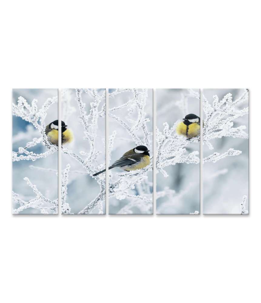 Islandburner Bild auf Leinwand Frostbedeckte Zweige mit Vögeln im winterlichen Garten als Wandbild Versandkostenfrei