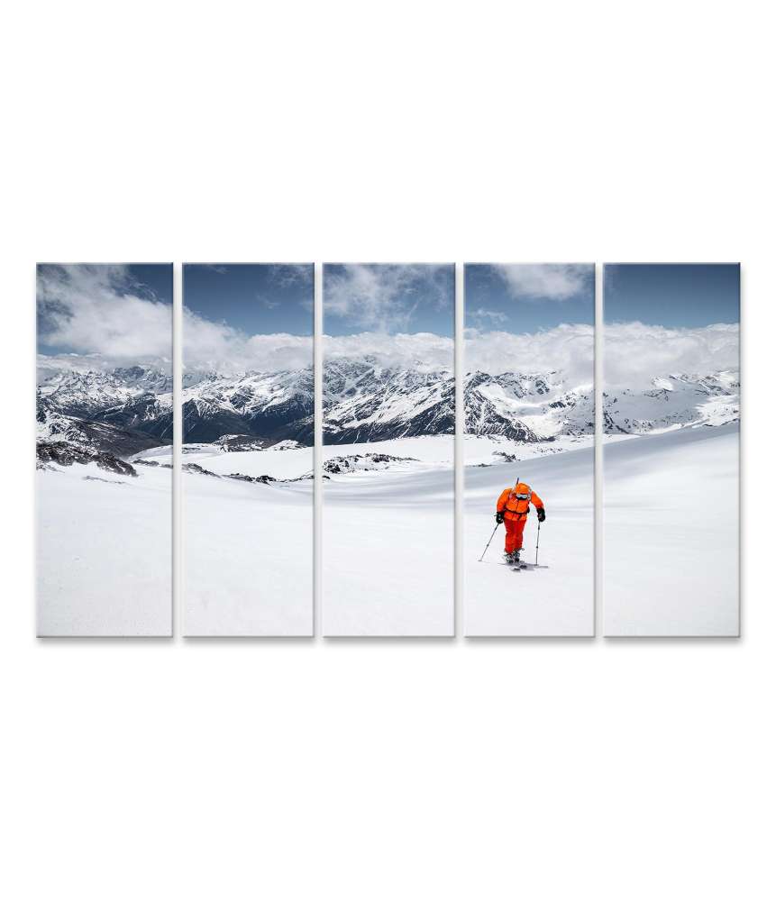 Islandburner Bild auf Leinwand Freerider in gelbem Skianzug und Rucksack in dynamischer Aktion