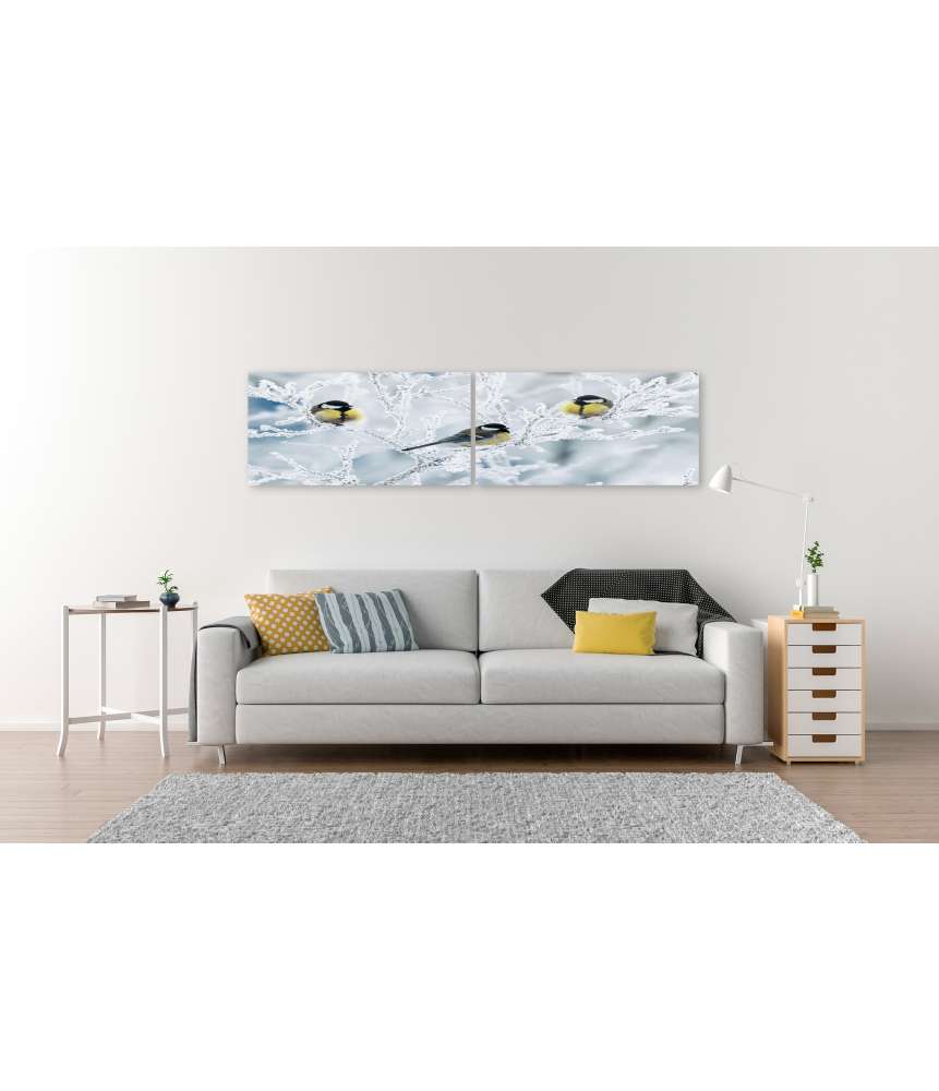 Islandburner Bild auf Leinwand Frostbedeckte Zweige mit Vögeln im winterlichen Garten als Wandbild Muttertagsangebot