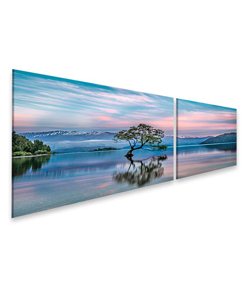 Islandburner Bild auf Leinwand Sonnenaufgang am Wanaka-See mit nebligem Bergpanorama in Neuseeland Vatertagsangebot
