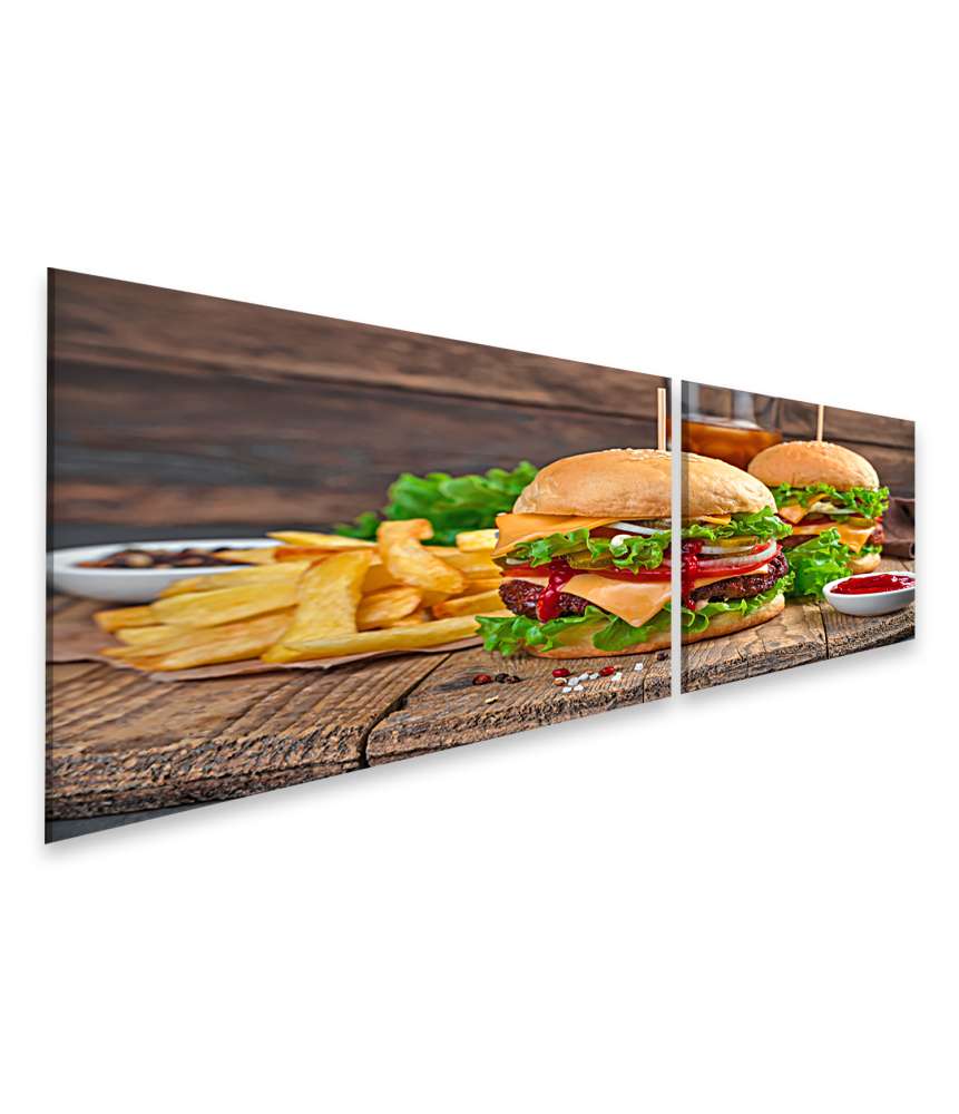 Islandburner Bild auf Leinwand Wandbild von zwei saftigen Burgern mit Pommes und Cola in einem Döner-Laden Online Outlet