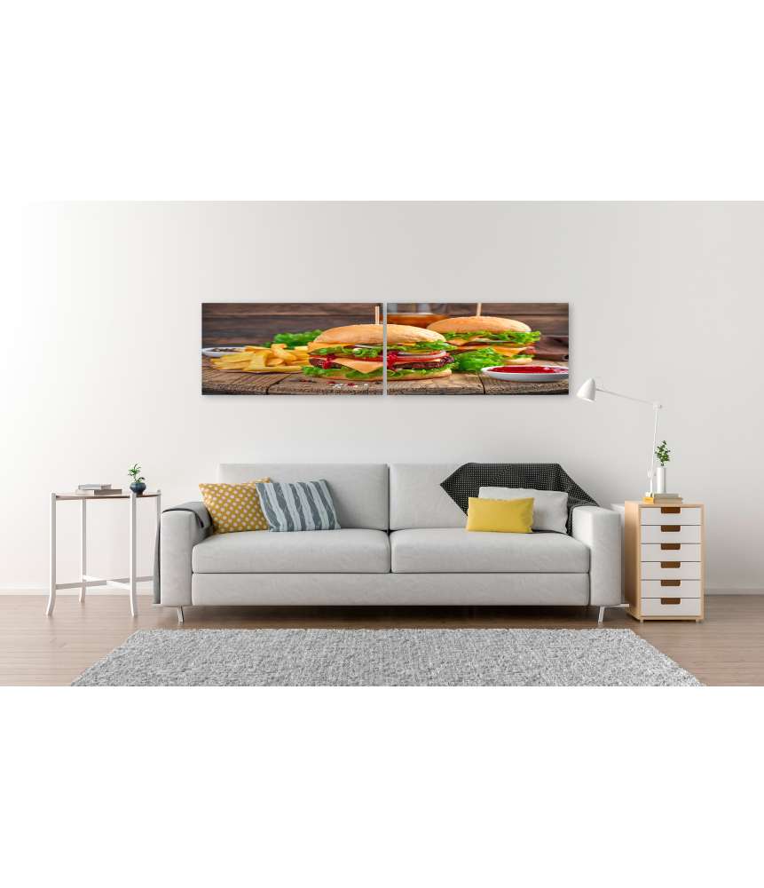 Islandburner Bild auf Leinwand Wandbild von zwei saftigen Burgern mit Pommes und Cola in einem Döner-Laden Online Outlet