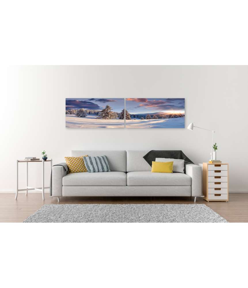 Islandburner Bild auf Leinwand Malerischer Winter-Sonnenaufgang mit schneebedeckten Bäumen Räumungsverkauf