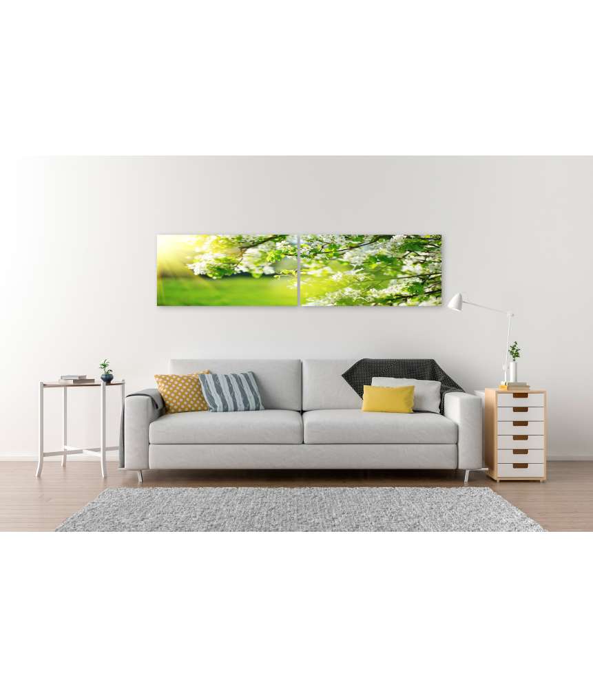Islandburner Bild auf Leinwand Frühlingshaftes Wandbild mit blühendem Baum und Sonnenaufgang Tägliche Deals