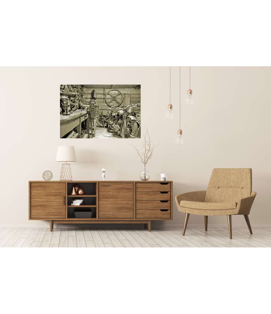Islandburner Premium Poster Vintage-Motorrad und Werkzeuge in einer nostalgischen Garagenwerkstatt Bis zu 60% Rabatt