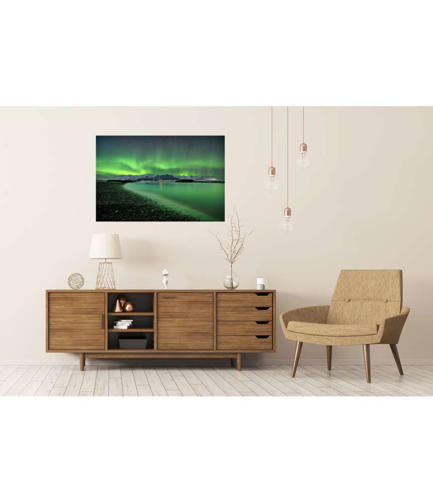 Islandburner Premium Poster Berglandschaft mit Polarlichtern und spiegelndem Gewässer 50% Rabatt mit kostenlosem Versand
