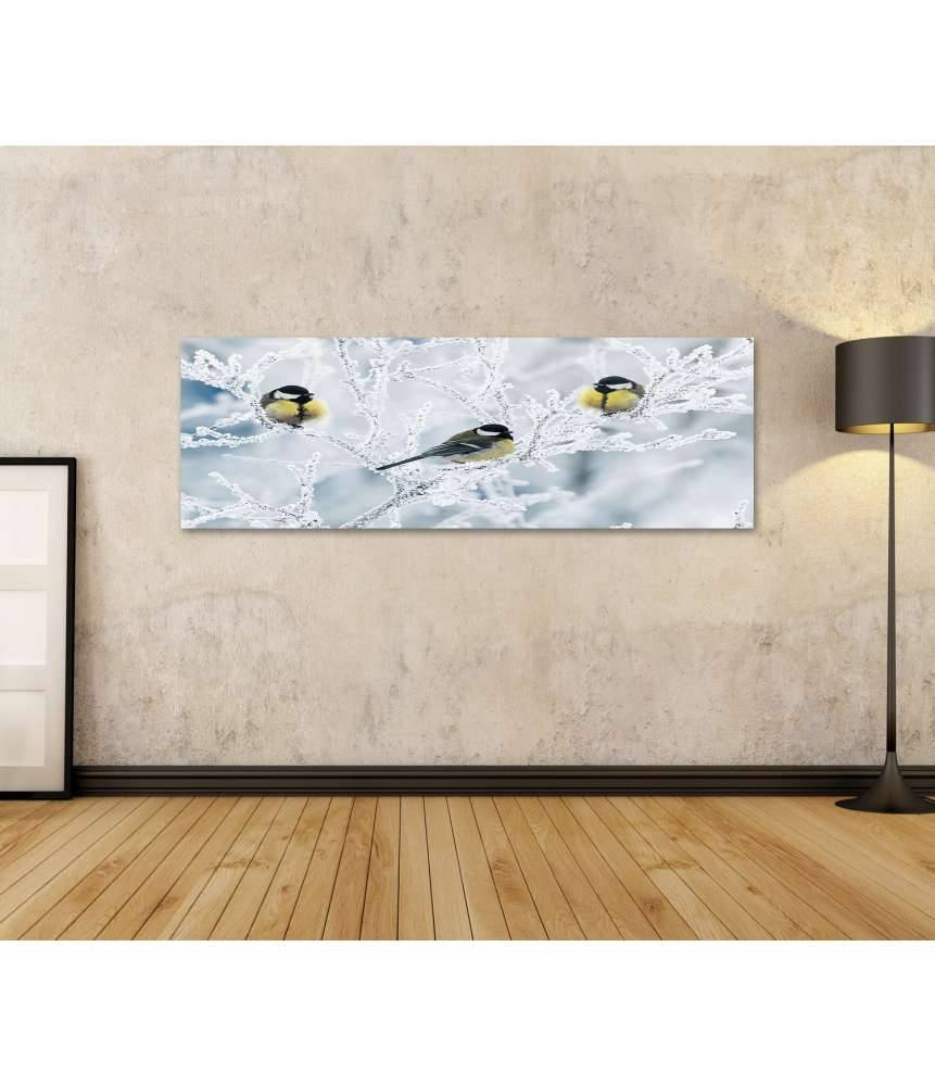 Islandburner Bild auf Leinwand Frostbedeckte Zweige mit Vögeln im winterlichen Garten als Wandbild Begrenzt auf 3 Tage