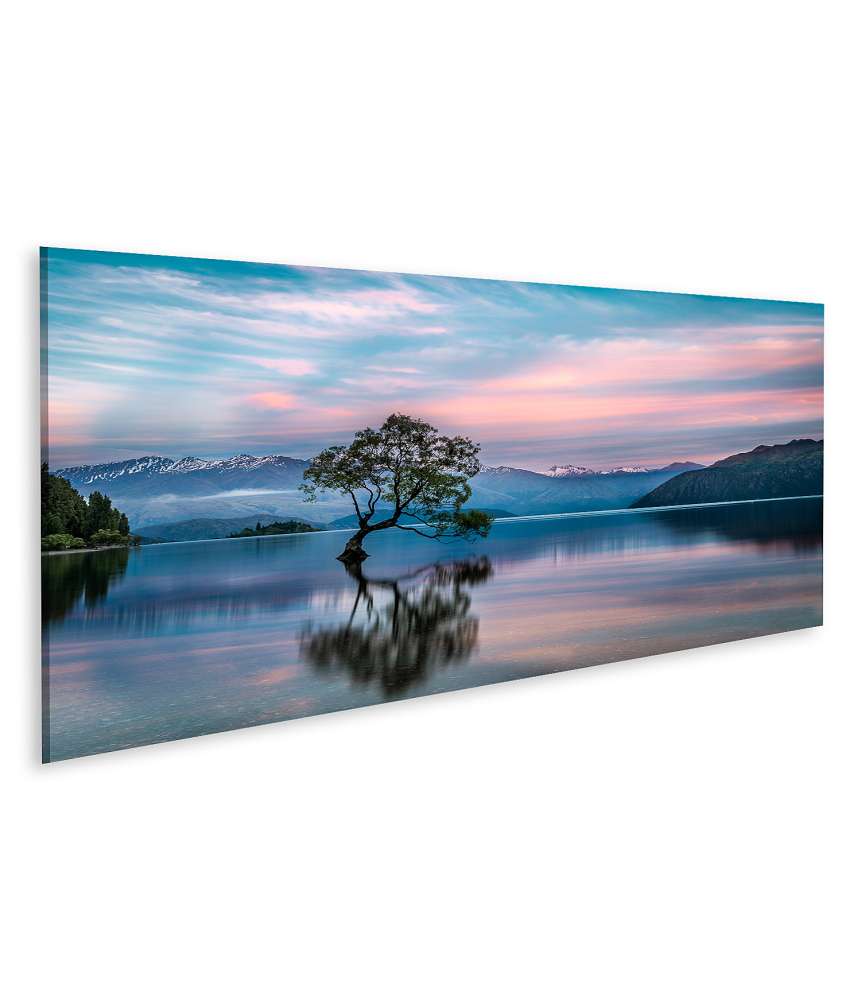 Islandburner Bild auf Leinwand Sonnenaufgang am Wanaka-See mit nebligem Bergpanorama in Neuseeland Speichern exportieren