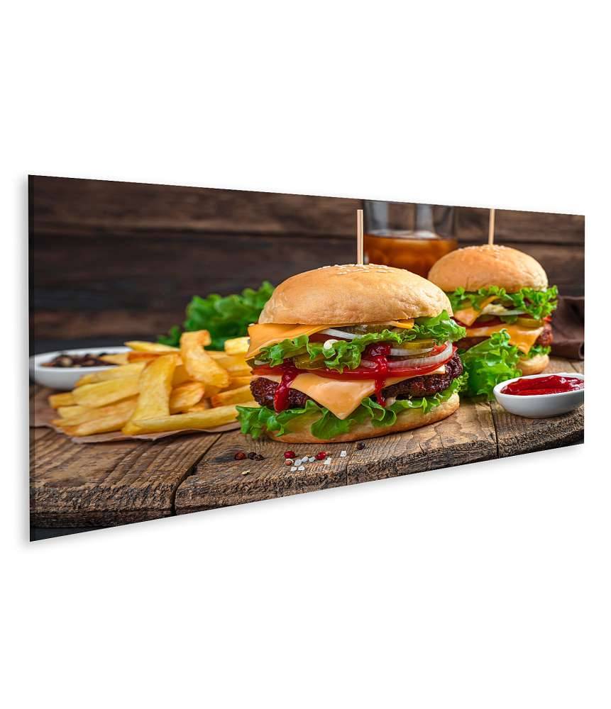 Islandburner Bild auf Leinwand Wandbild von zwei saftigen Burgern mit Pommes und Cola in einem Döner-Laden Online