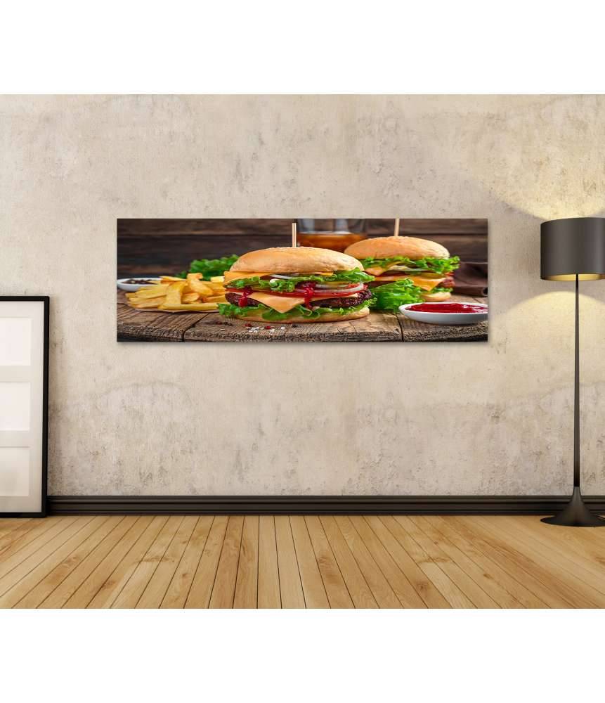 Islandburner Bild auf Leinwand Wandbild von zwei saftigen Burgern mit Pommes und Cola in einem Döner-Laden Online