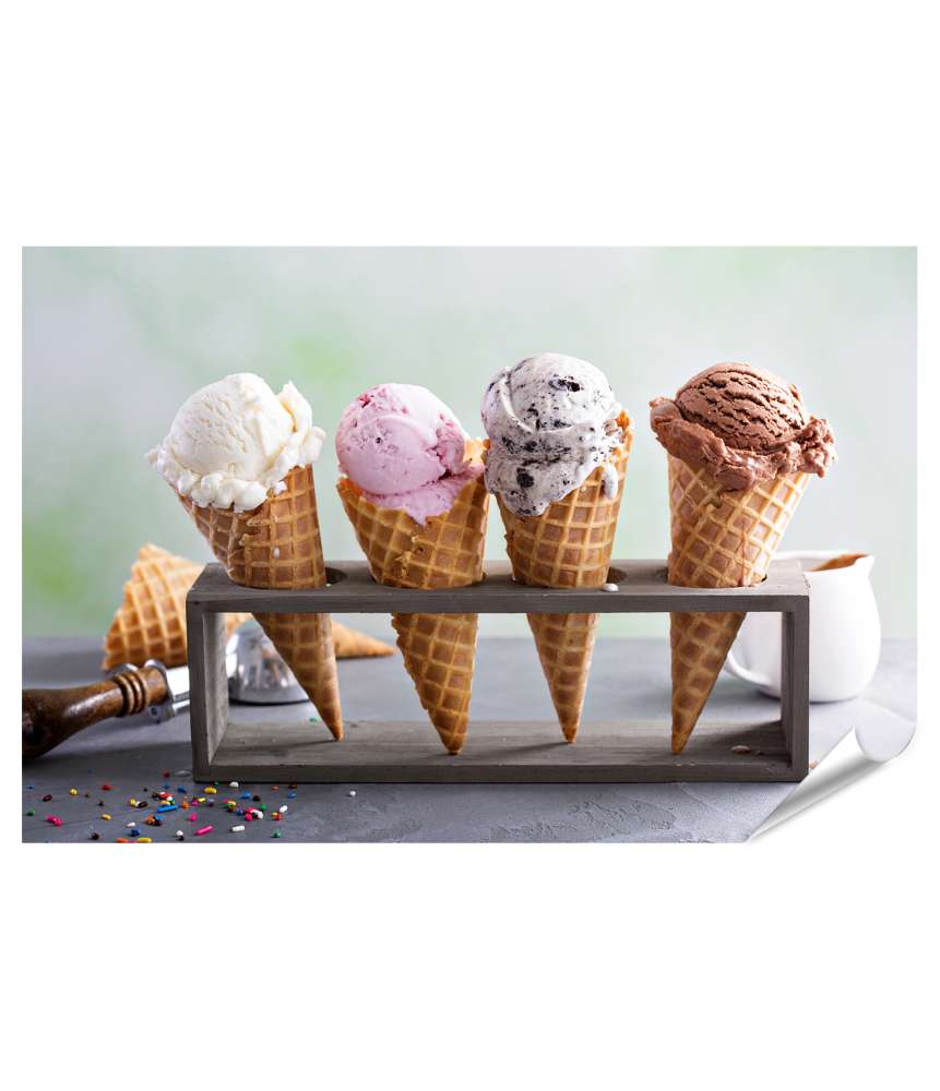 Islandburner Premium Poster Farbenfrohes Wandbild voller verschiedener Eiswaffelsorten Verkauf