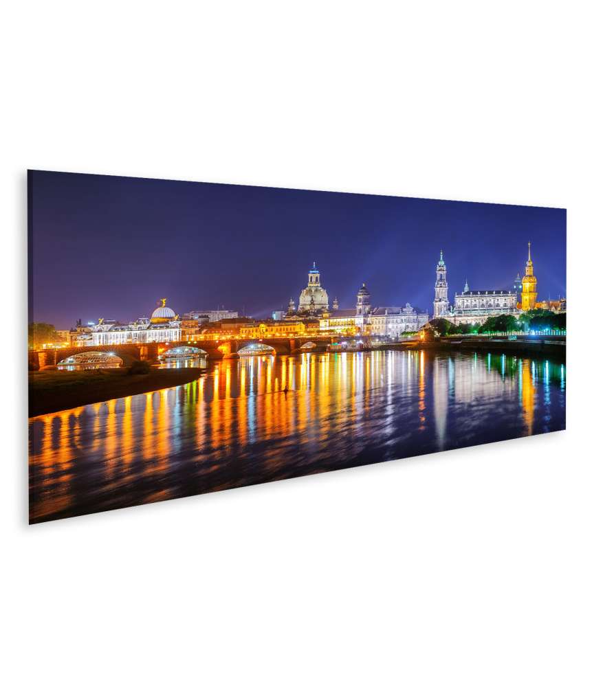 Islandburner Bild auf Leinwand Panoramablick auf die Altstadt von Dresden an der Elbe bei Nacht, Deutschland Versandkostenfrei