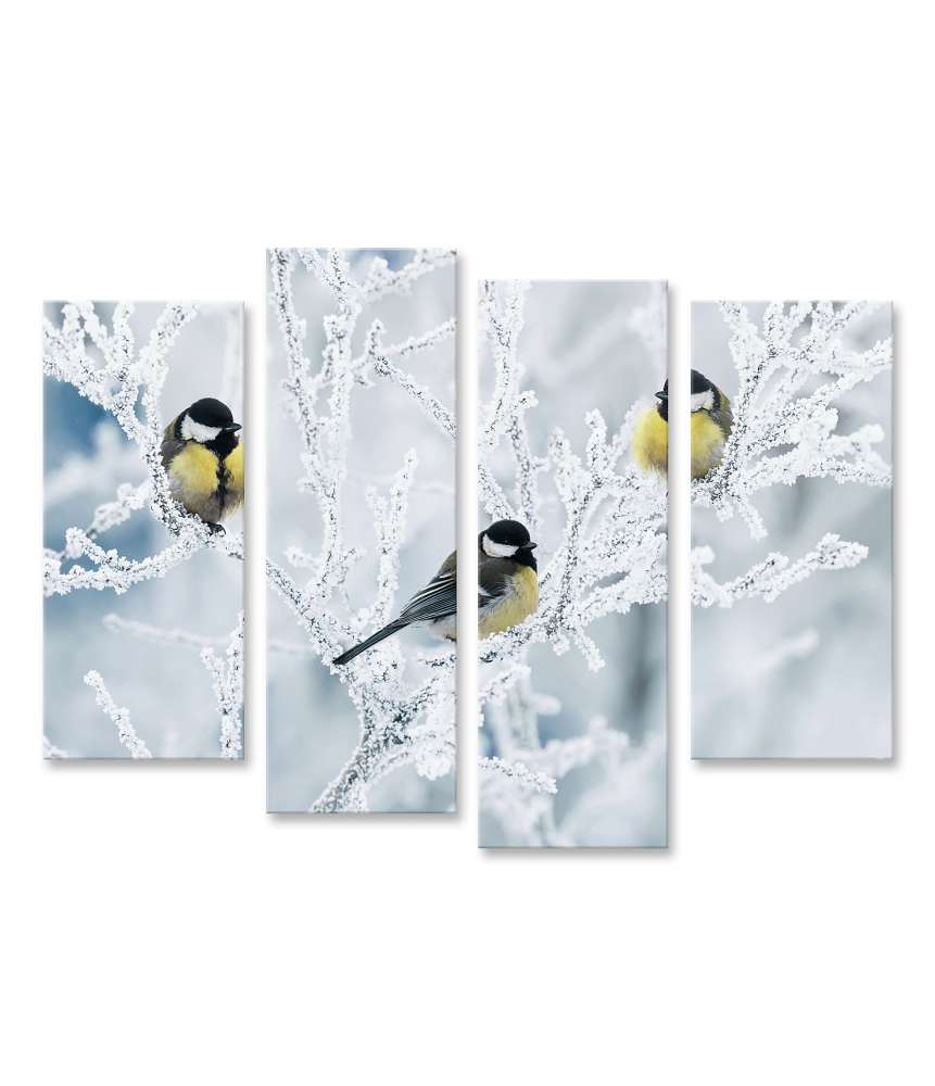Islandburner Bild auf Leinwand Frostbedeckte Zweige mit Vögeln im winterlichen Garten als Wandbild