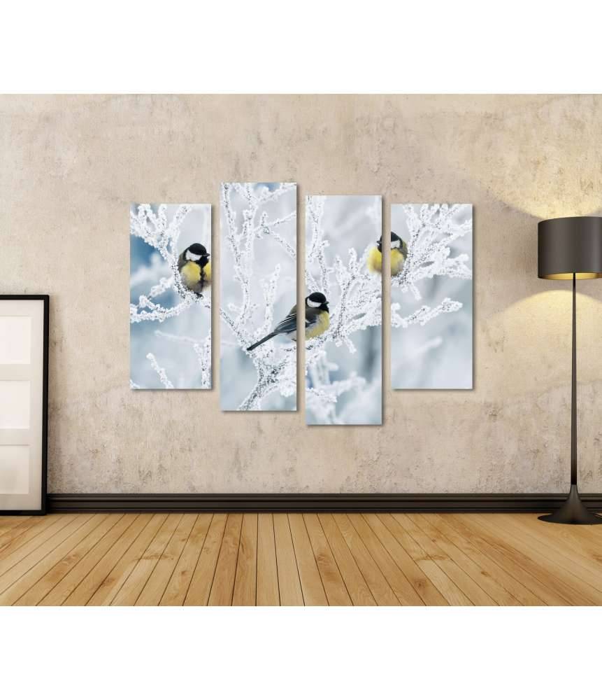 Islandburner Bild auf Leinwand Frostbedeckte Zweige mit Vögeln im winterlichen Garten als Wandbild Cyber Monday