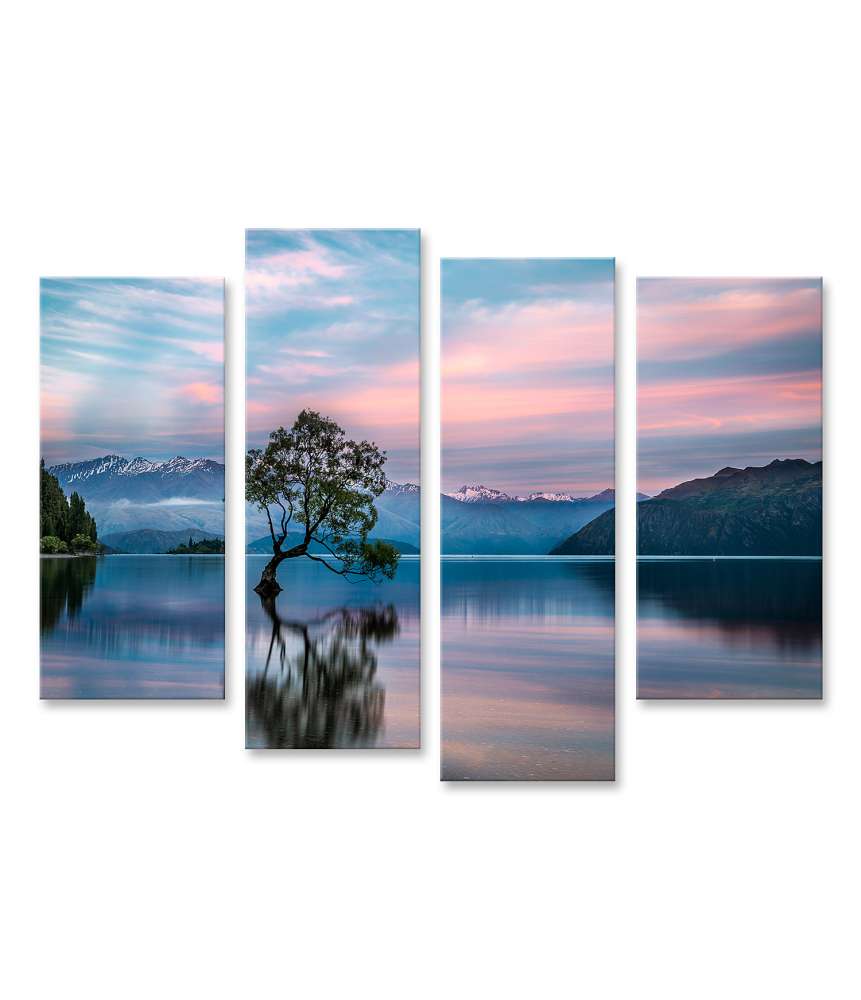 Islandburner Bild auf Leinwand Sonnenaufgang am Wanaka-See mit nebligem Bergpanorama in Neuseeland