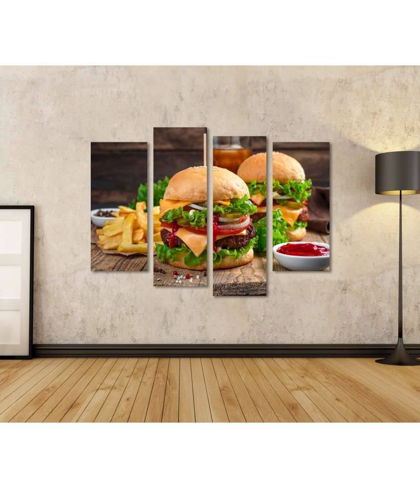 Islandburner Bild auf Leinwand Wandbild von zwei saftigen Burgern mit Pommes und Cola in einem Döner-Laden Heißer Verkauf