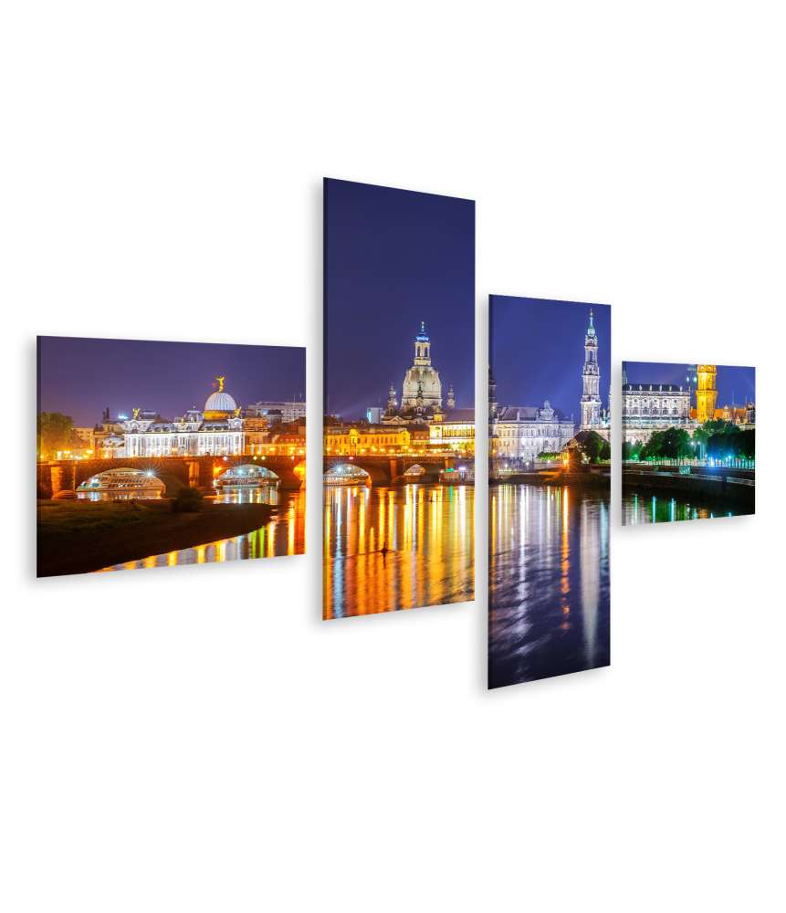 Islandburner Bild auf Leinwand Panoramablick auf die Altstadt von Dresden an der Elbe bei Nacht, Deutschland