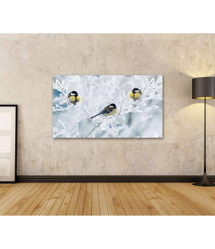 Islandburner Bild auf Leinwand Frostbedeckte Zweige mit Vögeln im winterlichen Garten als Wandbild VIP-Rabatte