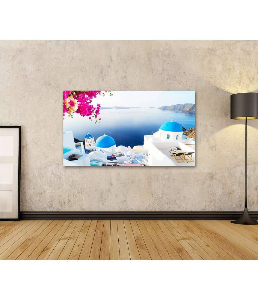Islandburner Bild auf Leinwand Malerische weiße Glockentürme auf der griechischen Insel Santorin Kostenlose Rückgabe
