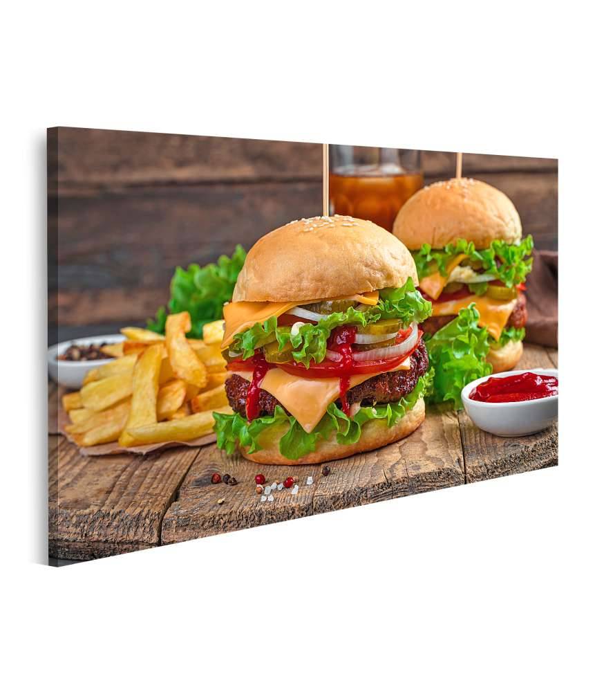 Islandburner Bild auf Leinwand Wandbild von zwei saftigen Burgern mit Pommes und Cola in einem Döner-Laden Neueste Stile