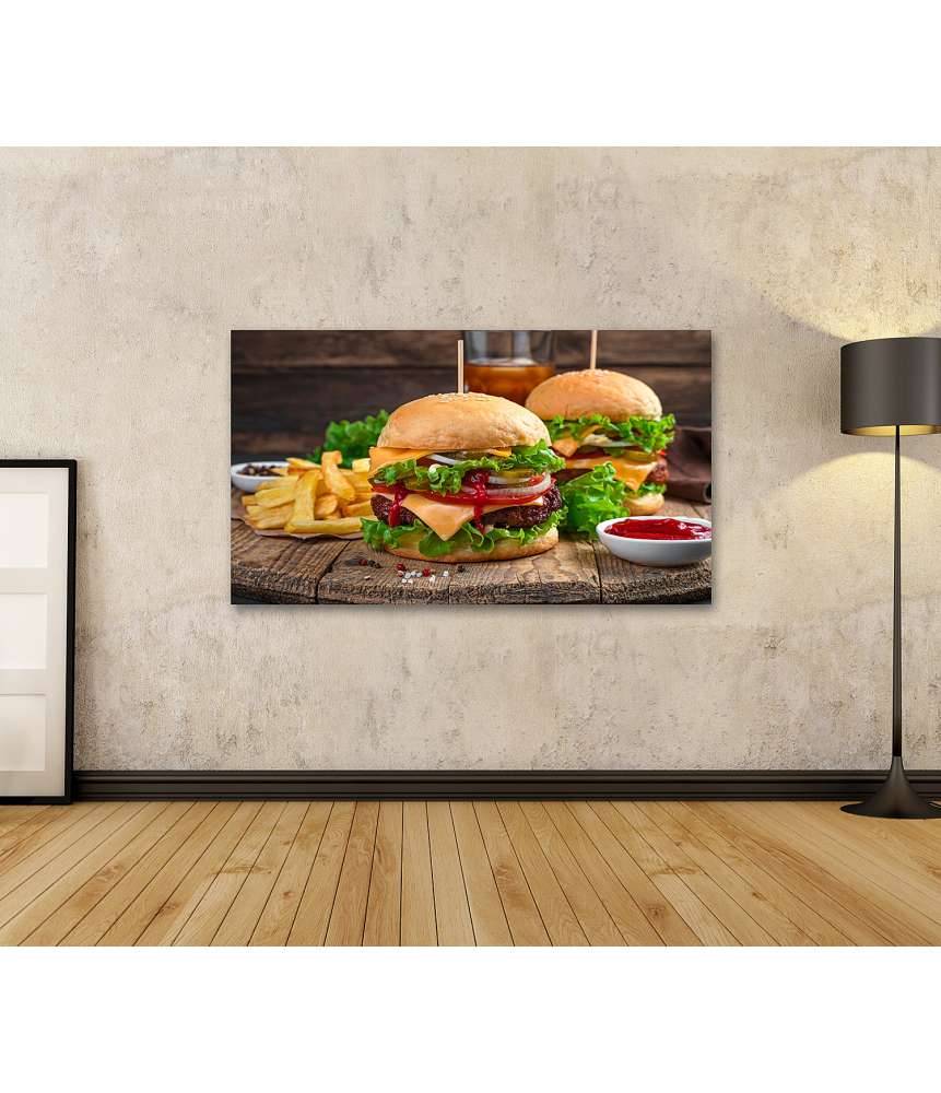 Islandburner Bild auf Leinwand Wandbild von zwei saftigen Burgern mit Pommes und Cola in einem Döner-Laden Neueste Stile