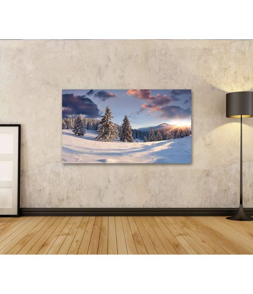 Islandburner Bild auf Leinwand Malerischer Winter-Sonnenaufgang mit schneebedeckten Bäumen Sonderangebot der Fabrik