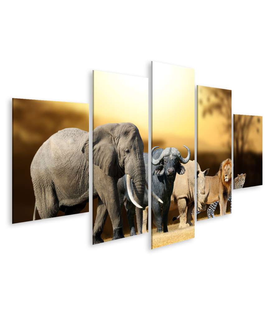 Islandburner Bild auf Leinwand Big Five Afrika-Wandbild für Kinder/Jugendzimmer: Löwe, Elefant, Leopard, Büffel, Nashorn im Angebot
