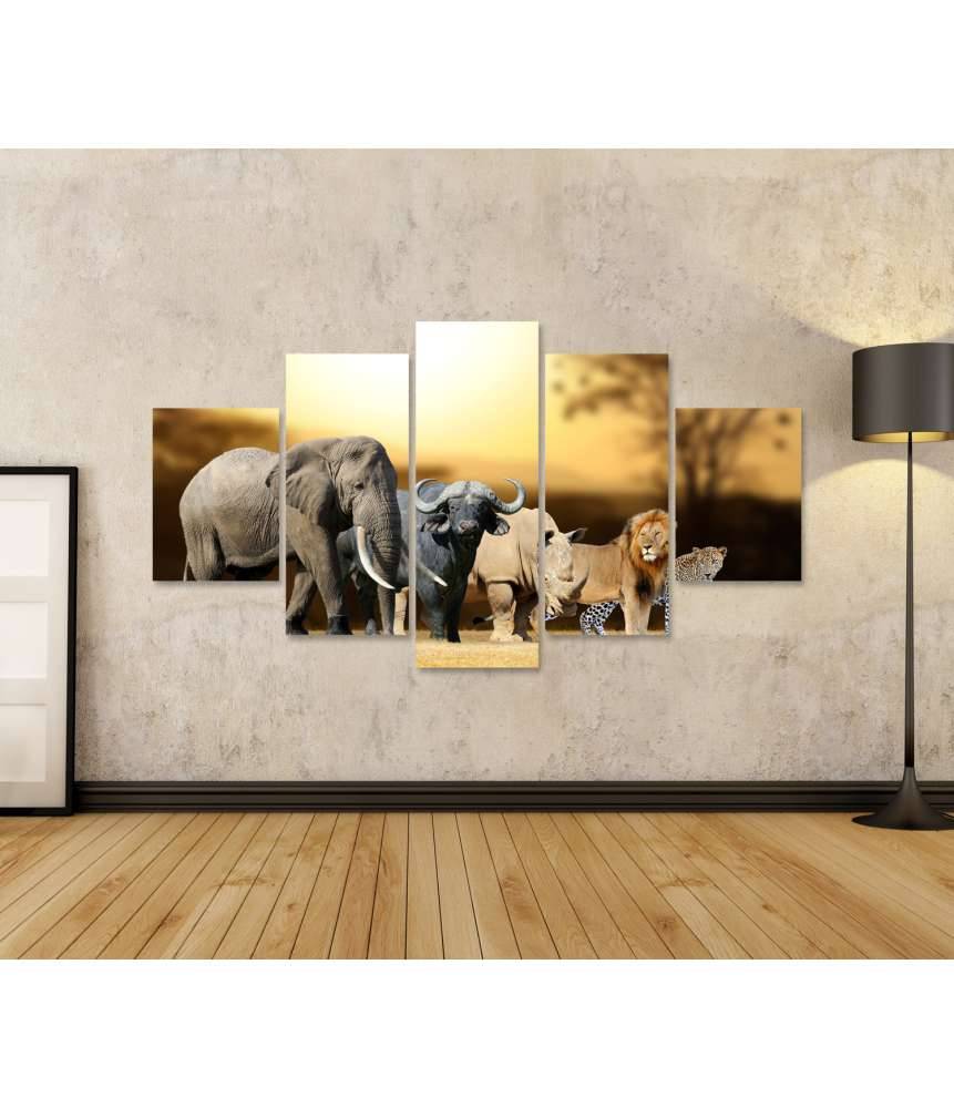 Islandburner Bild auf Leinwand Big Five Afrika-Wandbild für Kinder/Jugendzimmer: Löwe, Elefant, Leopard, Büffel, Nashorn im Angebot