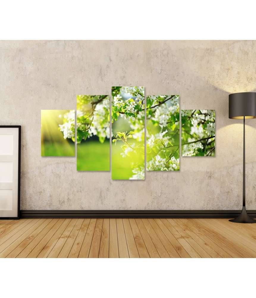 Islandburner Bild auf Leinwand Frühlingshaftes Wandbild mit blühendem Baum und Sonnenaufgang Schlussverkauf