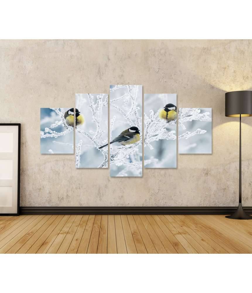 Islandburner Bild auf Leinwand Frostbedeckte Zweige mit Vögeln im winterlichen Garten als Wandbild Limitierter Zeitrabatt