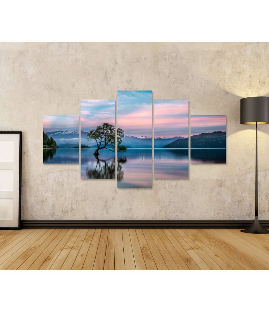 Islandburner Bild auf Leinwand Sonnenaufgang am Wanaka-See mit nebligem Bergpanorama in Neuseeland Fabrik Onlineshop