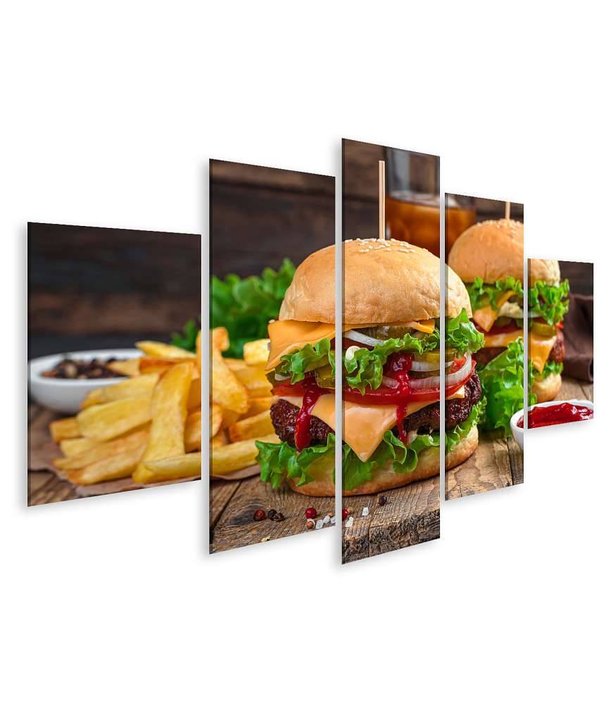 Islandburner Bild auf Leinwand Wandbild von zwei saftigen Burgern mit Pommes und Cola in einem Döner-Laden Flash Sale