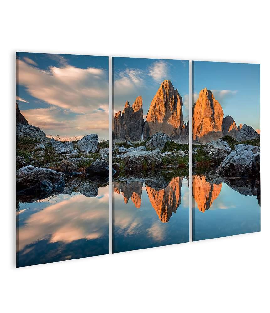 Islandburner Bild auf Leinwand Sonnenuntergang über dem Tre Cime Di Lavaredo See in den Dolomiten Black Friday