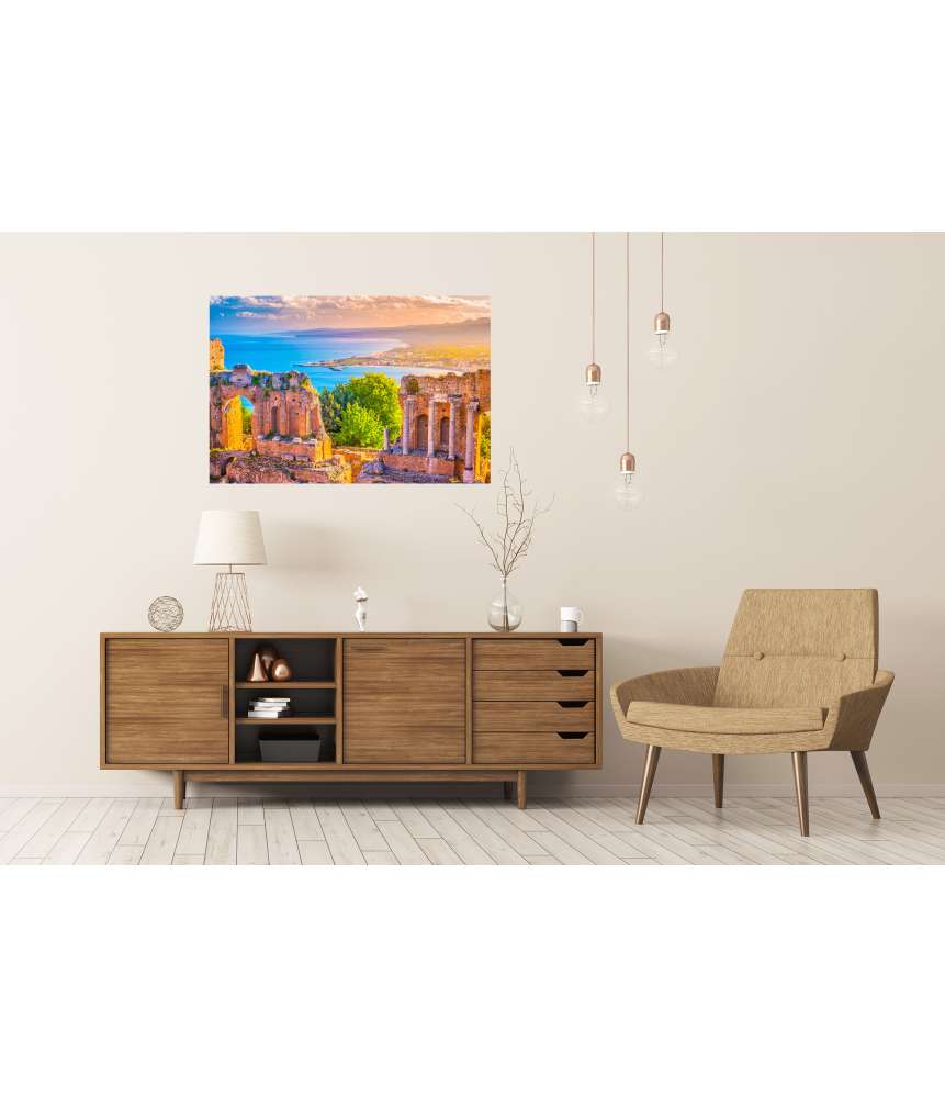 Islandburner XXL Premium Poster Schönes Reisefoto von Taormina-Theaterruinen bei Sonnenuntergang Tiefpreis
