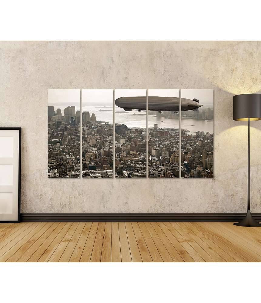 Islandburner Bild auf Leinwand Vintage-Stil Wandbild: Zeppelin schwebt über Manhattan Neueste Stile