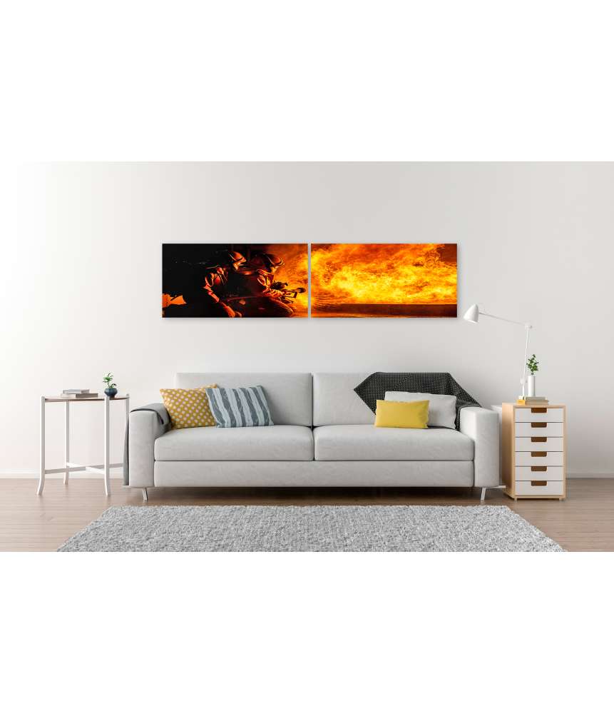Islandburner Bild auf Leinwand Feuerwehrleute im Einsatz, mutig Flammen löschend - Wandbild Fabrikladen
