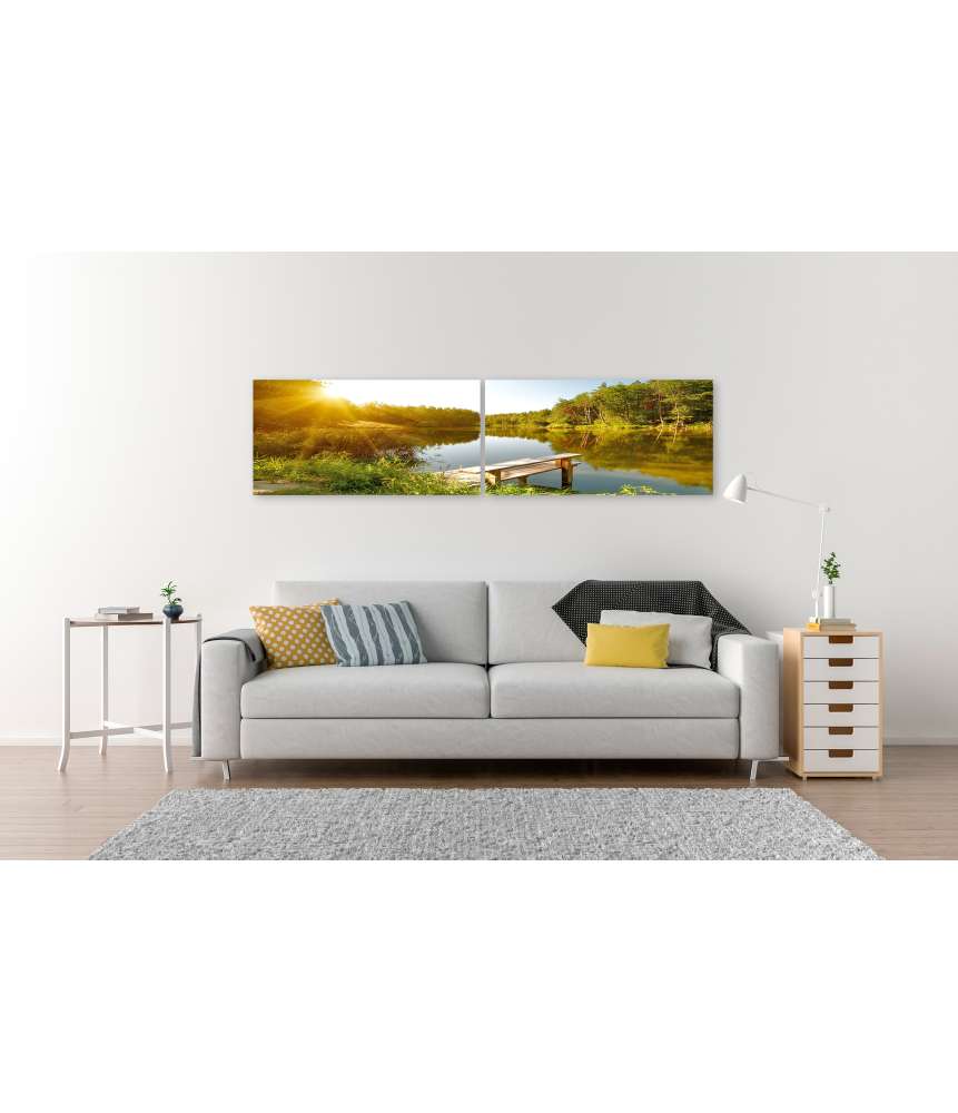 Islandburner Bild auf Leinwand Idyllische Sommerlandschaft mit Waldsee unter strahlendem Sonnenschein Speichern exportieren