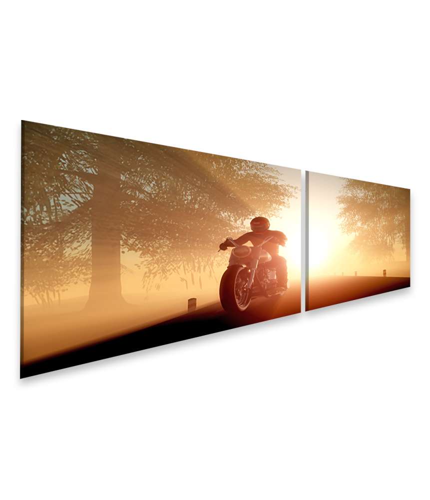 Islandburner Bild auf Leinwand Motorradfahrer auf idyllischer Landstraße im goldenen Sonnenlicht Black Friday Preise